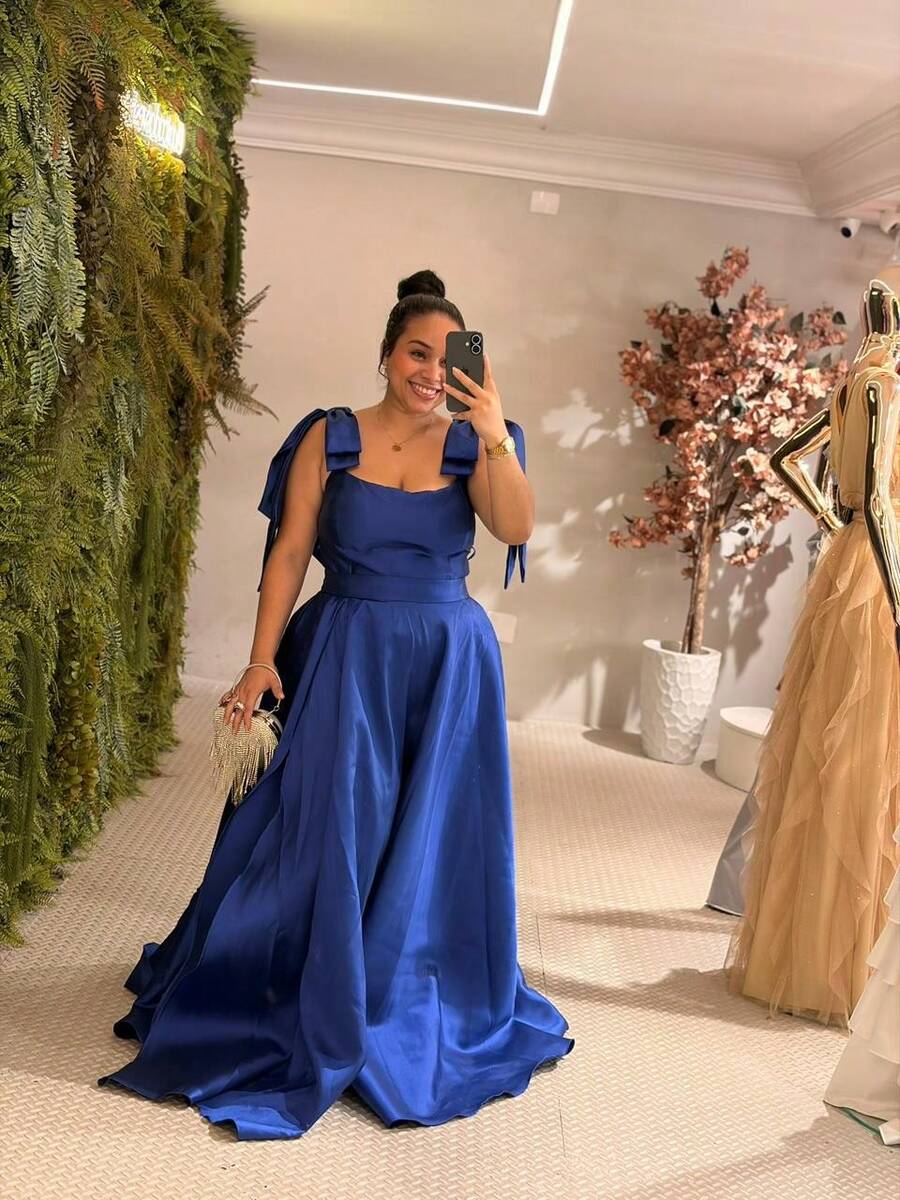 Plus Size Long Party Dress For Wedding, Bridesmaid, Fashionable, Satin - Xanh đậm - Xem 1