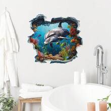 1/3pcs Broken Wall Ocean Sea Turtle Wall Stickers Underwater World Dolphin Coral Reef Wall Decals Waterproof Removable Vinyl Art Murals For Bathroom Toilet Laundry Room Background Home Decoration - Underwater World Wall Stickers - View 4