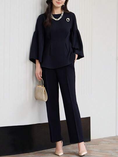 スーツセット 2点 上下セット スーツ セットアップ フレアスリーブ トップス ボトムス パンツ セレモニースーツ フォーマル きれい レディース 大人 女性 女子 披露宴 結婚式 演奏会 同窓会 成人式 発表会 お宮参り 卒業式 卒園式 入学式 学校 七五三 母 親族 通勤 オフィス プレゼント 誕生日 20代 30代 40代 50代