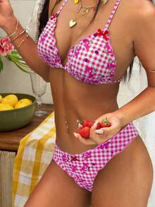 2pcs Plaid Print With Red Bowknot Ruffles Casual Beach Swimsuit For Women - Rose Pink - View 6