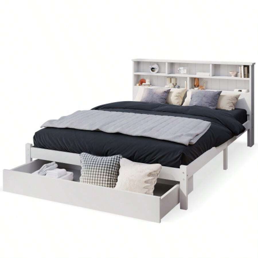 Solid Wood Double Bed With Drawers And Slatted Base, Integrated Bookcase For Teenagers And Adults, Children's Bed, 140 X 200 Cm, White - White - View 1