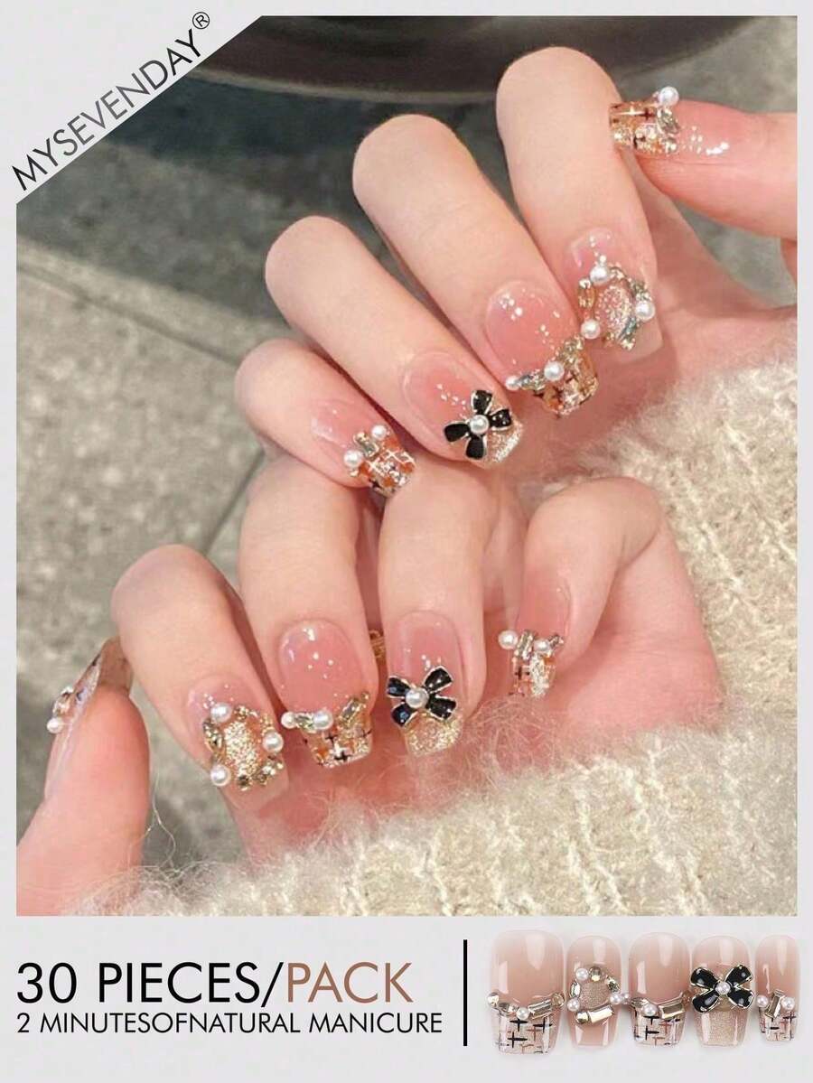 30片方形/3D黑色蝴蝶结仿珍珠水晶美甲贴纸，附赠果冻胶和指甲锉，适合派对和日常使用，可重复使用，提升您的美甲优雅气质。 - 彩色 - 查看 1