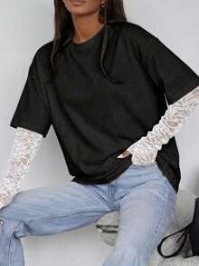 复古宽松T恤+蕾丝长袖小众叠层甜辣风修身上衣，适合女性休闲春季穿着 - 彩色 - 查看 5