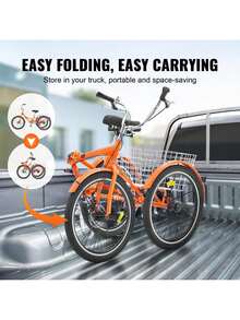 Folding Adult Tricycle, 26-Inch 7-Speed Adult Folding Trikes, Carbon Steel 3 Wheel Cruiser Bike With Basket & Adjustable Seat, Shopping Picnic Foldable Tricycles For Women, Men, Seniors (Pink) - 橘色 - 查看 3
