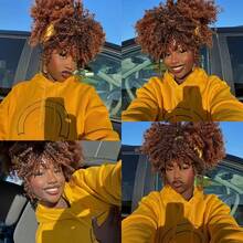 Barbique 16 Inch Ombre Brown Short Afro Curly Wig With Bangs |   Glueless Synthetic Kinky Curls, High-Temperature Fiber, Net Cap, 180% Density, Look Parties & Special Occasions, And Halloween Wigs - A-Brown - 查看 10