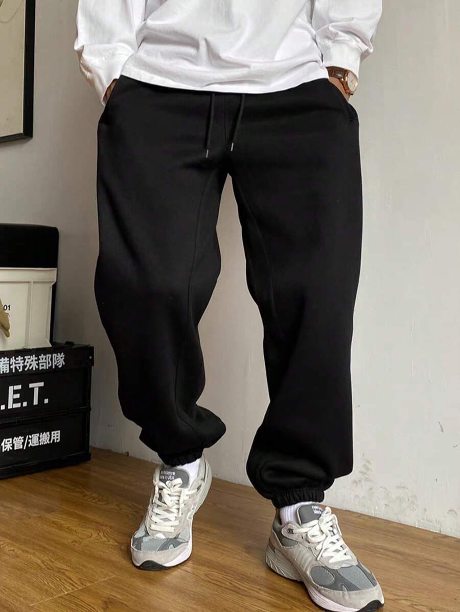 男士宽松抽绳腰带慢跑裤，休闲街头风运动裤，日常舒适版型运动裤，完美的男士圣诞礼物，春秋季 - 黑色 - 查看 1