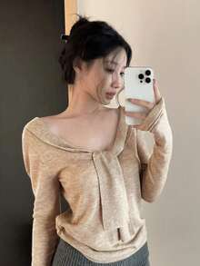 Khaki Ribbon V-Neck Long Sleeve Knit Sweater, Women's Summer Slim Fit Solid Color Chic Versatile Top Fall - Apricot - View 5