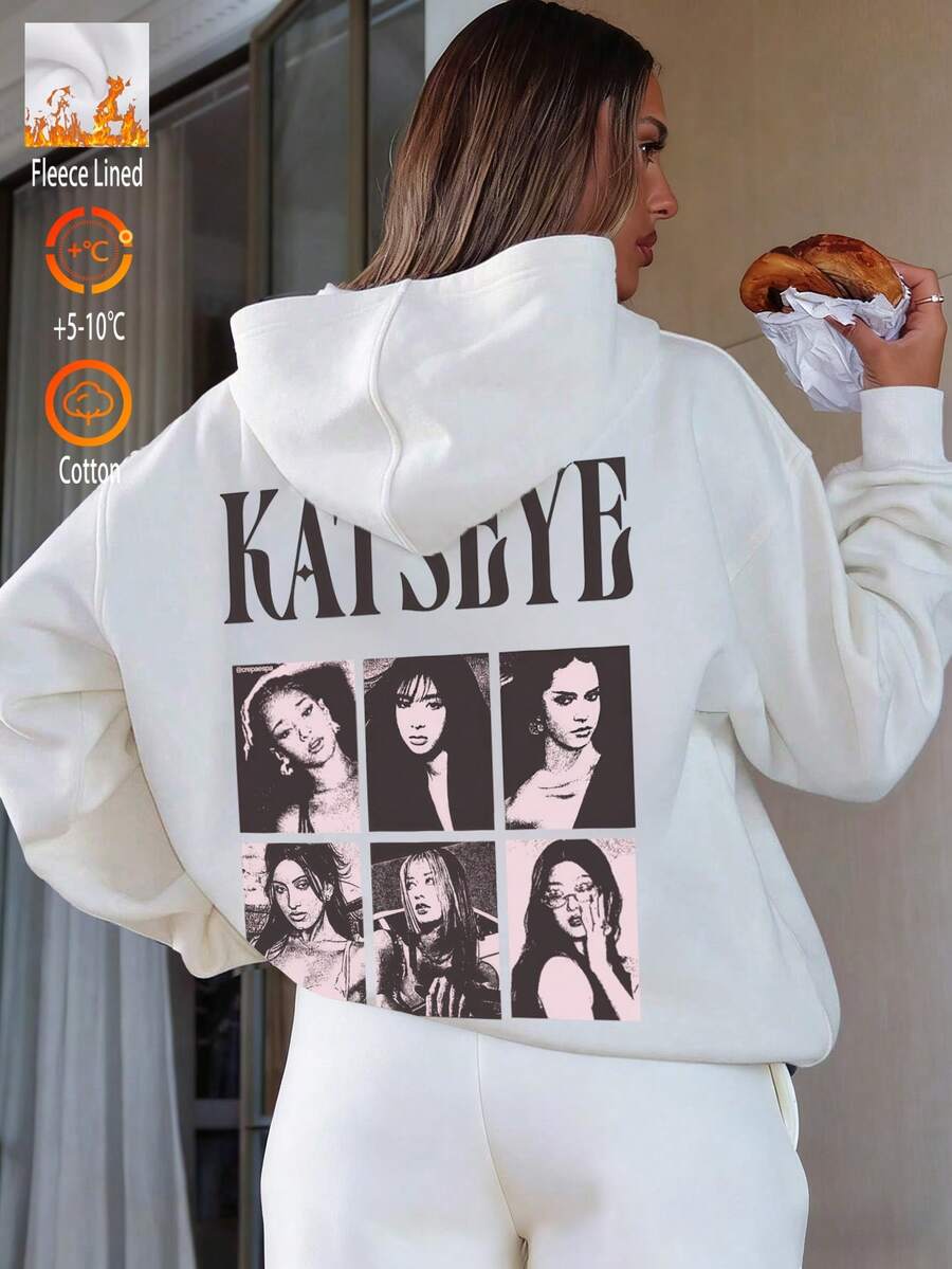 Sweat à capuche en coton pour femme, sweat à capuche en polaire à motif collage rétro pour filles KATSEYE, sweat-shirt confortable à épaules tombantes, sweat à capuche ample et chaud en maille épaisse pour l'automne/hiver, adapté aux temps froids. - Blanc - Voir 1