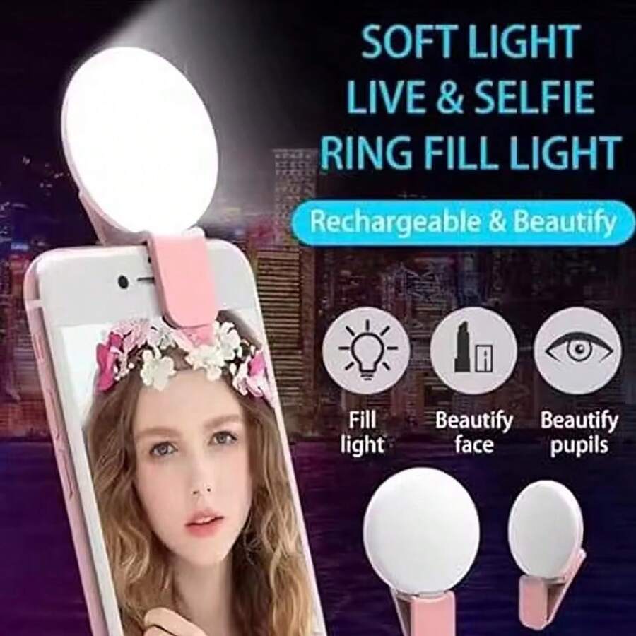 1个便携式迷你LED自拍环形灯，耐用型三档可调圆形摄影夹式补光灯 - 白光 - 查看 1