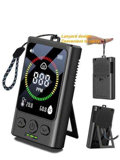 4-In-1 Square Portable Carbon Monoxide Detector With Temperature & Humidity Sensor | Rechargeable Lithium Battery, 96H Long Standby, Sound & Light Alarm, Soft Material For Restaurant, School, Kitchen, Hotel, Warehouse, RV, Garage, Camping, Home
