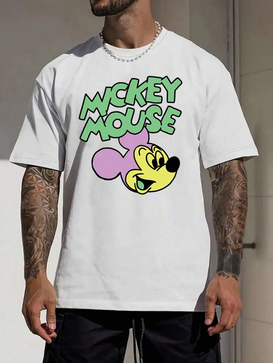 Disney 男士时尚休闲街头服饰，迪士尼米奇字母印花短袖T恤。 - 白色 - 查看 1