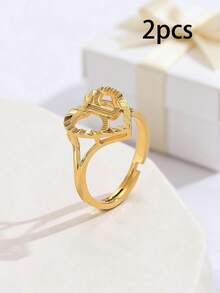 2pcs Elegant Hollow Heart & Letter Adjustable Rings, Fashionable Jewelry Gifts Suitable For Women, Girlfriends, Wives, Mothers, Families And Friends On Birthdays, Anniversaries And Other Occasions - Yellow Gold - View 12