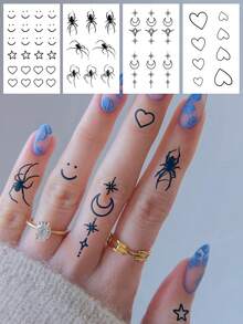 3张/4张极简浪漫草本汁纹身贴纸,心形、星星、蝴蝶、短语元素,适用于小面积身体,日常、派对、节日礼物,半永久,防水,不反光纹身贴纸 - 藍色 - 查看 15