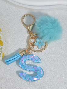 1pc Blue Heart Letter Keychain With Butterfly & Flower Decor, Women Bag Charm, Gift Keyring With Pom Pom Gifts For Mother, Father, Graduation, And Teacher - Baby Blue - View 14