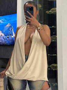 Ladies' Fashion Yoga Sports Style Queen's Temperament Solid Color Fashion Temperament Hollow Out Sexy Big Swing Collar Sleeveless Top - 杏色 - 查看 3