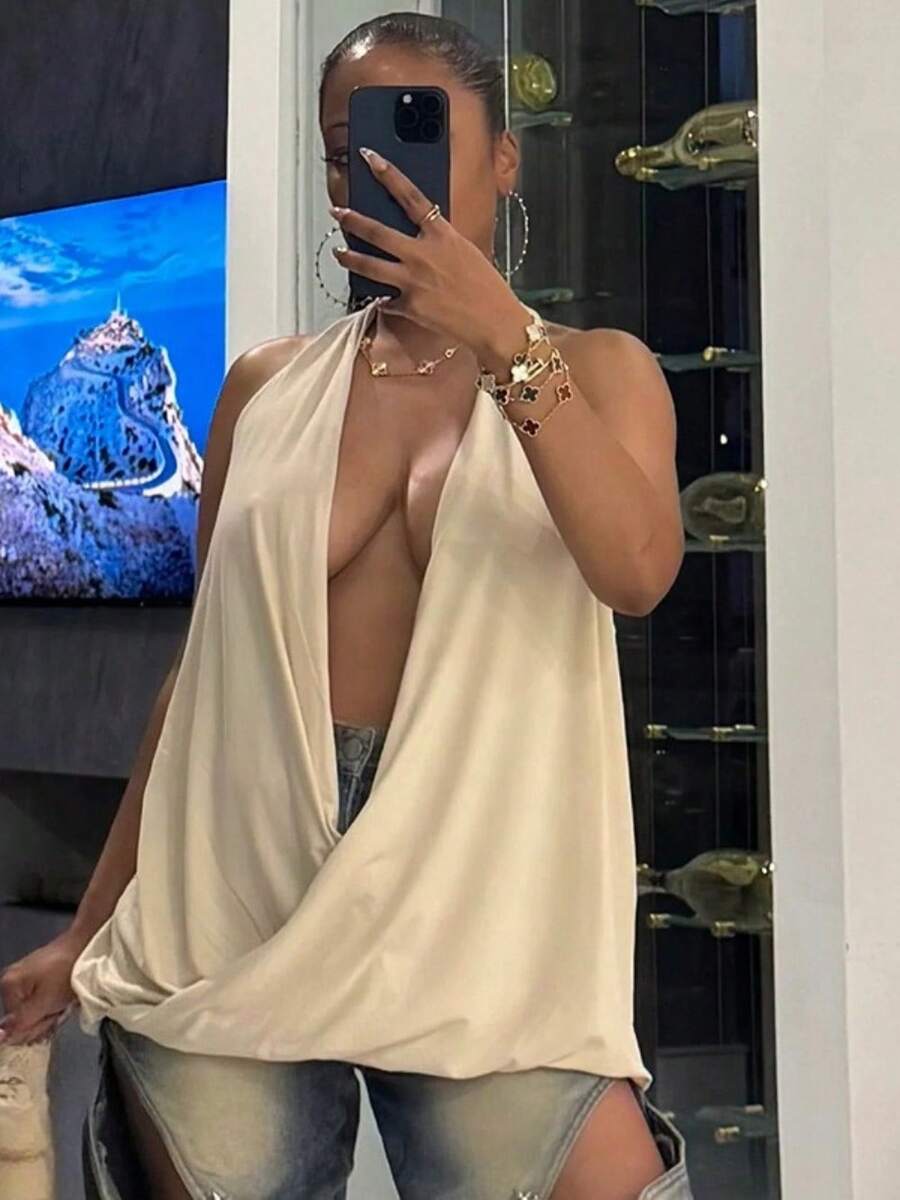 Top sin mangas de estilo deportivo de yoga con cuello amplio y hueco, de unicolor y temperamento elegante para damas - Albaricoque - Ver 1