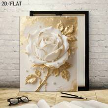 1 Pc Canvas Painting, White Rose Canvas Painting With Golden Leaves, Wooden Framed Art,High Quality ,Thickness 2. 25cm/1in Thick Wall Art Printed Poster, Cuadros,Directly Hung For Family Gifts, Living Room Decoration, Bathroom Decoration, Bedroom Decoration, Kitchen Decoration, Bar Decoration, Office Decoration. Halloween, Christmas And Valentine's Day Gifts, 2D Flat - 多色 - 查看 6