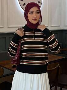 Livesso 女士宽松撞色条纹 Polo 领长袖休闲街头风针织衫，春秋季 - 黑色 - 查看 5