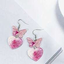 2D 亚克力平面耳环，非 3D 立体设计，一对透明亚克力创意情人节玫瑰粉爱心蝴蝶结耳环 - 拼接男士亚克力吊坠耳环，时尚百搭的情人节配饰 - 彩色 - 查看 4