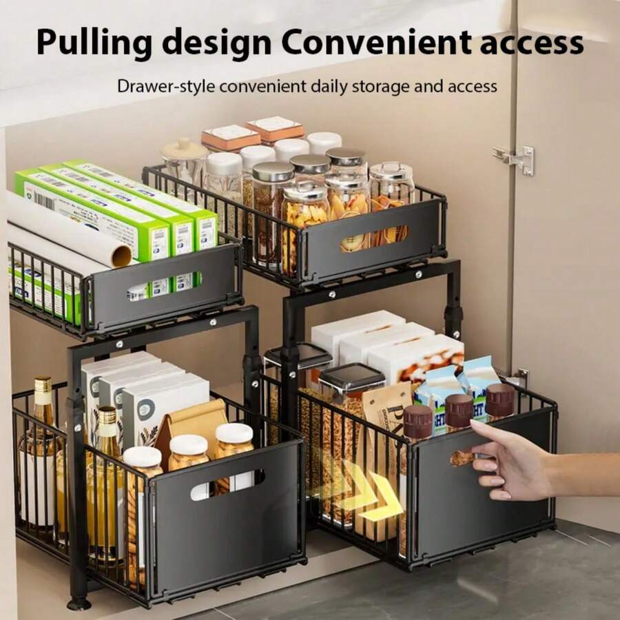 2-Tier Pull Out Cabinet Organizer-Cabinet Storage Rack Easy Sliding Storage Rack For Kitchen And Bathroom Sinks Heavy-Duty Carbon Steel Kitchen & Bathroom Storage Shelf With Adjustable Shelves, Hooks & Sliding Drawers - Space-Saving Cabinet Organizer For Utensils, Spices, Cleaning Supplies - Easy Installation - màu đen - Xem 1
