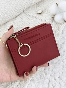 With A Chain Keychain,Wine Red Letter Detail Fold Over Small Wallet Pocket Wallet Small Purse Bifold Slim Women Wallet Lightweight Portable Credit Card Key Case Short Wallet Cute Modern Fashion For Birthday Gift Christmas Anniversary Women Girls Lady,Business,For Anniversary,For Christmas,On Valentine Day,For Birthday Gift,For Gift,For Lover For Women,For Girls,For Lady,For Female,Bag School Supplies For School Dorm Room & Back To School - Burgundy - View 2