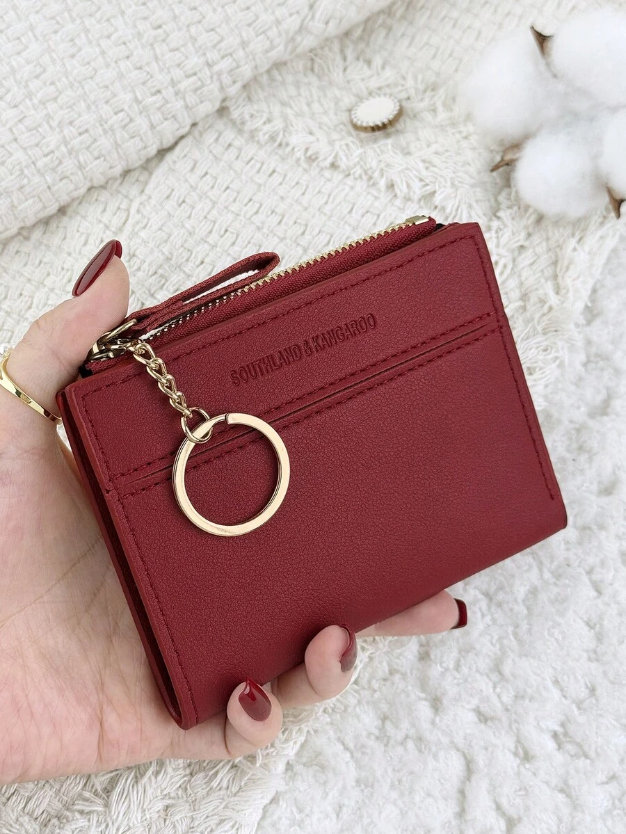 With A Chain Keychain,Wine Red Letter Detail Fold Over Small Wallet Pocket Wallet Small Purse Bifold Slim Women Wallet Lightweight Portable Credit Card Key Case Short Wallet Cute Modern Fashion For Birthday Gift Christmas Anniversary Women Girls Lady,Business,For Anniversary,For Christmas,On Valentine Day,For Birthday Gift,For Gift,For Lover For Women,For Girls,For Lady,For Female,Bag School Supplies For School Dorm Room & Back To School
