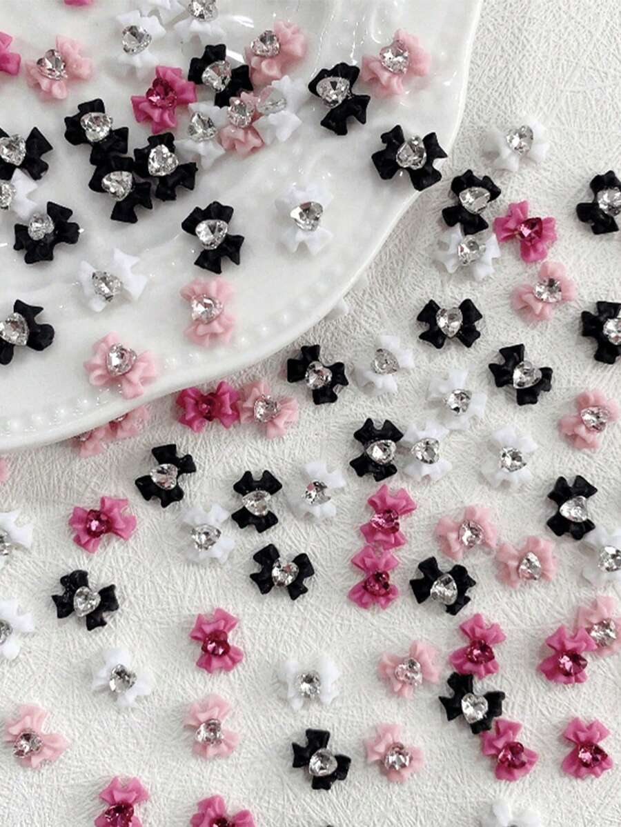 15pcs Nail Charms, Resin Bow Ribbon With Rhinestones, White, Pink, Black Nail Charms, Luxury Y2K Metal Nail Supplies, Shiny White, Pink, Rhinestone Nail Gems, Suitable For Multi-Functional DIY Accessories Nail Decoration