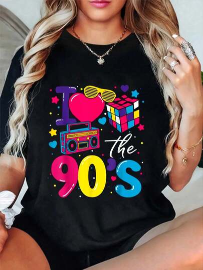 100% Cotton I Love The 90's Retro 90s Costume Party Funny Gift T-Shirt Women's Vintage Relaxed Fit Tee Premium Soft Tops Printing Round Neck Fashion Shirts