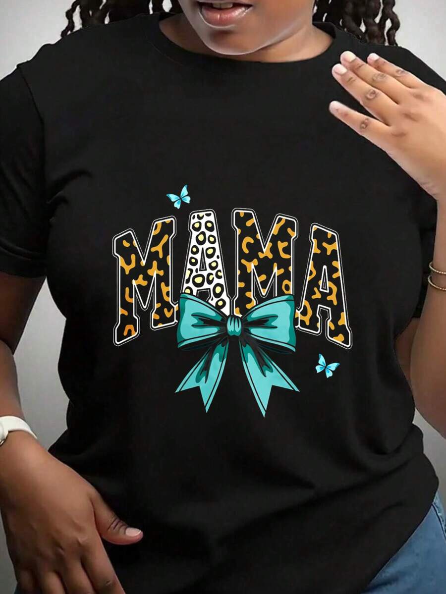 Mama Leopard Print Bow Butterflies Graphic T-Shirt For Women, Oversized Crewneck Tees Casual Wear, Spring Cotton Tops Short Sleeve, Summer Basic Tees, Funny Clothes For Women - 黑色 - 查看 1
