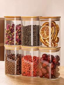 1pc Square Coffee Bean Storage Jar, Creative Airtight Glass Jar With Bamboo Lid, Food & Grain Container - Clear - View 1