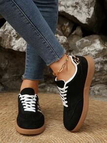 1 pereche de pantofi sport damă cu dungi, model patchwork, cu talpă joasă, stil stradal tânăr și la modă, pantofi sport sport cu șireturi din piele întoarsă, versatili și confortabili pentru purtare zilnică - Negru - Vizualizare 5