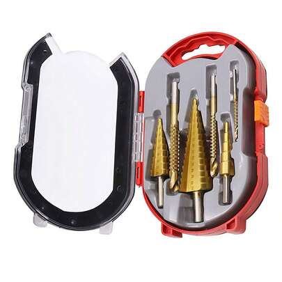 6pcs Titanium Coated Gold Drill Bit Set, Includes 3 Sizes Of Step Drill Bits And 3 Sizes Of Twist Drill Bits, Suitable For Metal And Woodworking, With Plastic Storage Box, Heavy Duty High Speed Steel Hole Opener And Step Drill Bits