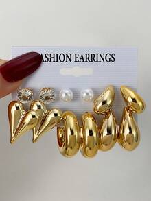 VKME 12pcs Metal Heart & Pearl C-Shaped Clip-On Earrings, Casual Style - XH9285177-88 - View 3