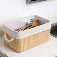 1-Pack Bamboo Storage Basket With Linen Liner - 3 Size Options , Natural Bamboo Frame With Soft Linen Lining, Built-In Rope Handles, Ideal For Organizing Towels, Toys, Clothes And Home Essentials - Beige - View 4