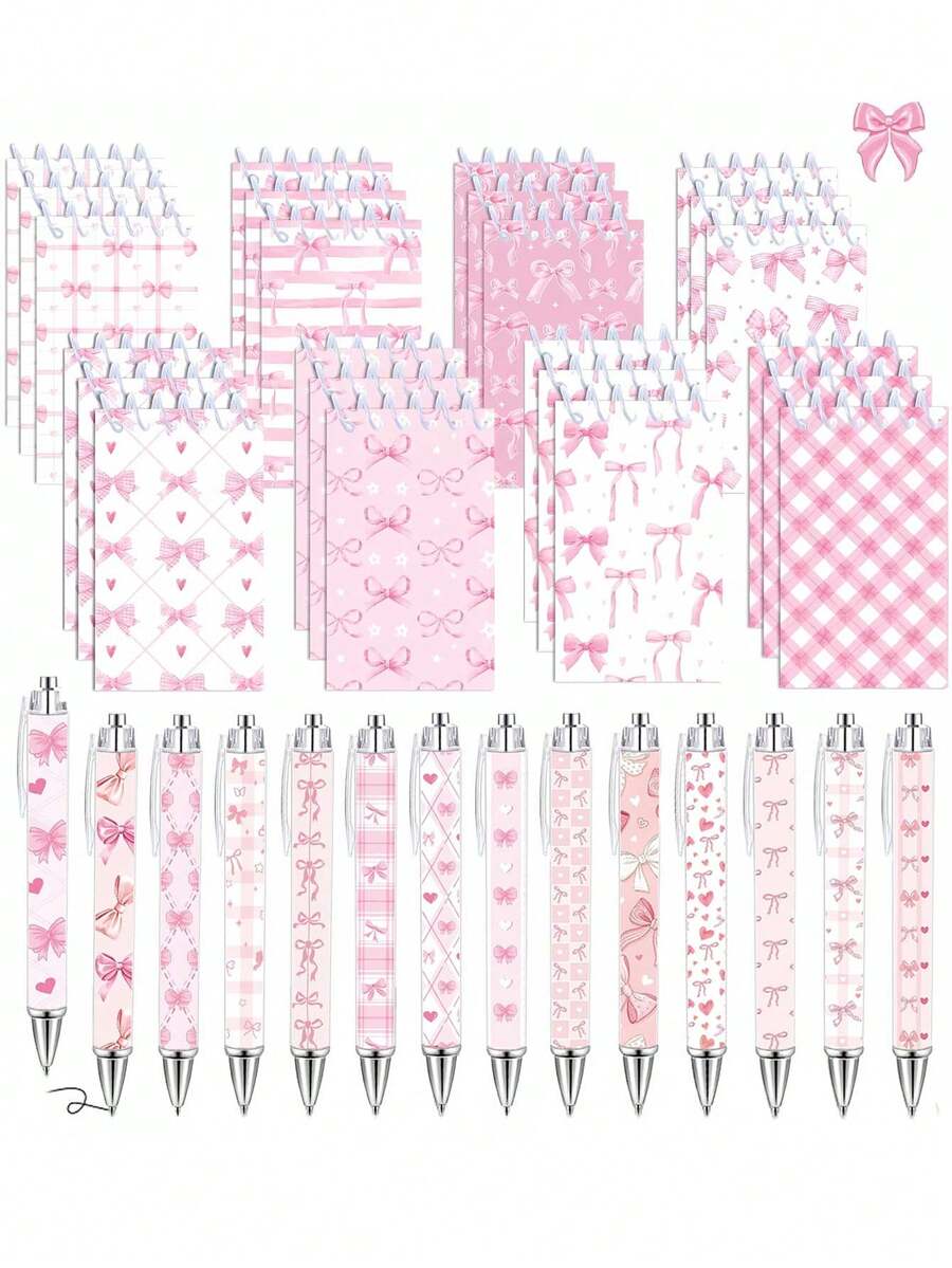 16pcs White & Pink Bow Notebook & Stationery Set, Includes Cute Bow Pocket Notebooks, Ballpoint Pens, Mini Bow Notebooks, Suitable For Bow-Themed Parties, Baby Showers, Birthdays, School Supplies Gifts - Multicolor - View 1