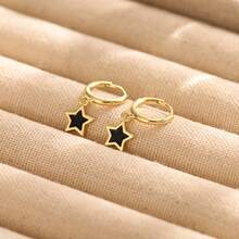 1 Pair Gold-Tone Hoop Earrings With Black Star Pendant, Sweet Cool Daily Jewelry - Star Ear Clips - View 8