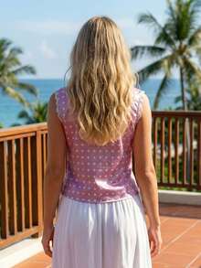 Women Dot Print Satin Vest Slim Fit Lace Trim Deep V Neck Sleeveless Crop Tank Tops Summer Streetwear - Hồng - Xem 2