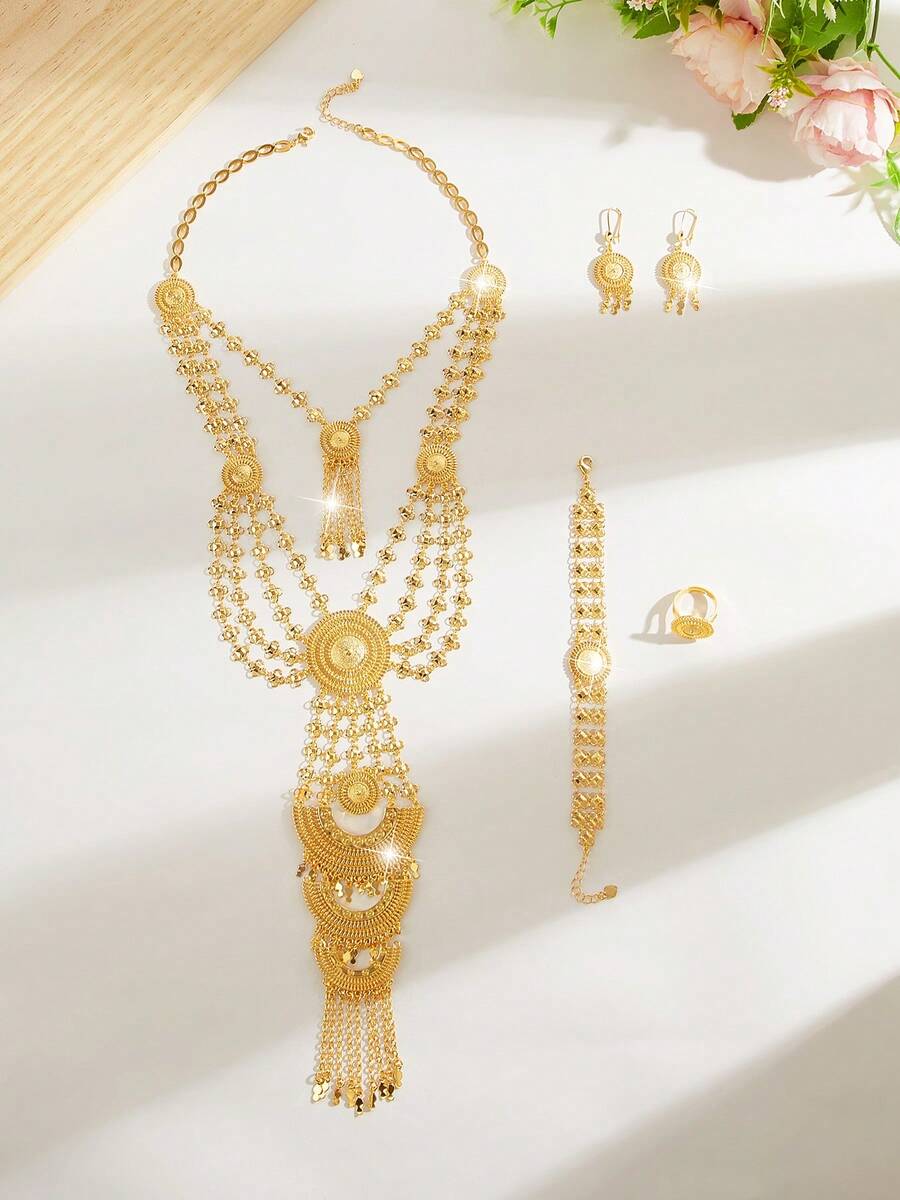 Mgyi 18K镀金奢华复古女士首饰套装,优雅方形设计,包含项链、耳环、手链和戒指,适合尼日利亚、迪拜、中东、沙特阿拉伯新娘婚礼、日常佩戴、周年纪念礼物、万圣节礼物等。 - XSJT-236 - 查看 1
