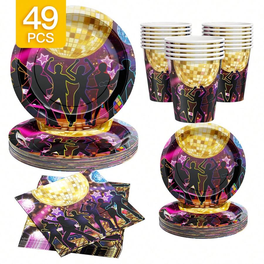 Disco Night Disposable Plate, Napkin, Cup Set, Plates, Napkins And Cups Party Supplies, Serves 8 Guests, Disposable Paper Plates Party Tableware Suitable For Birthday, Wedding, Theme Party, Family Picnic - Multicolor - View 1