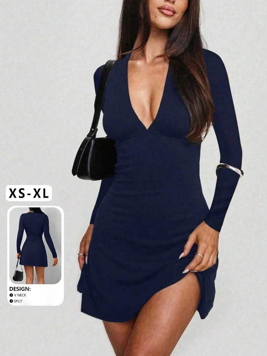 Sexy & Fashionable Ruched V-Neck A-Line Long Sleeve Mini Dress, New Arrival For Autumn - Blue - View 1