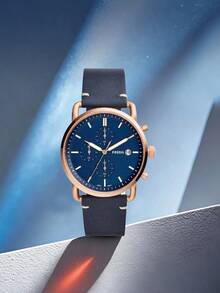 Fossil 男士石英计时腕表，星空蓝表盘，海军蓝PU皮表带，三针设计，商务休闲风格，适合日常佩戴 - 藍色 - 查看 1