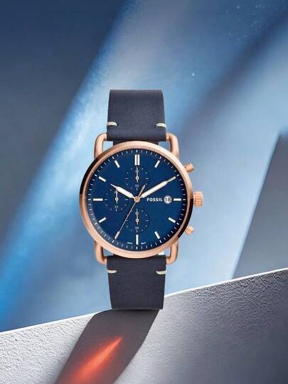 Fossil 男士石英计时腕表，星空蓝表盘，海军蓝PU皮表带，三针设计，商务休闲风格，适合日常佩戴