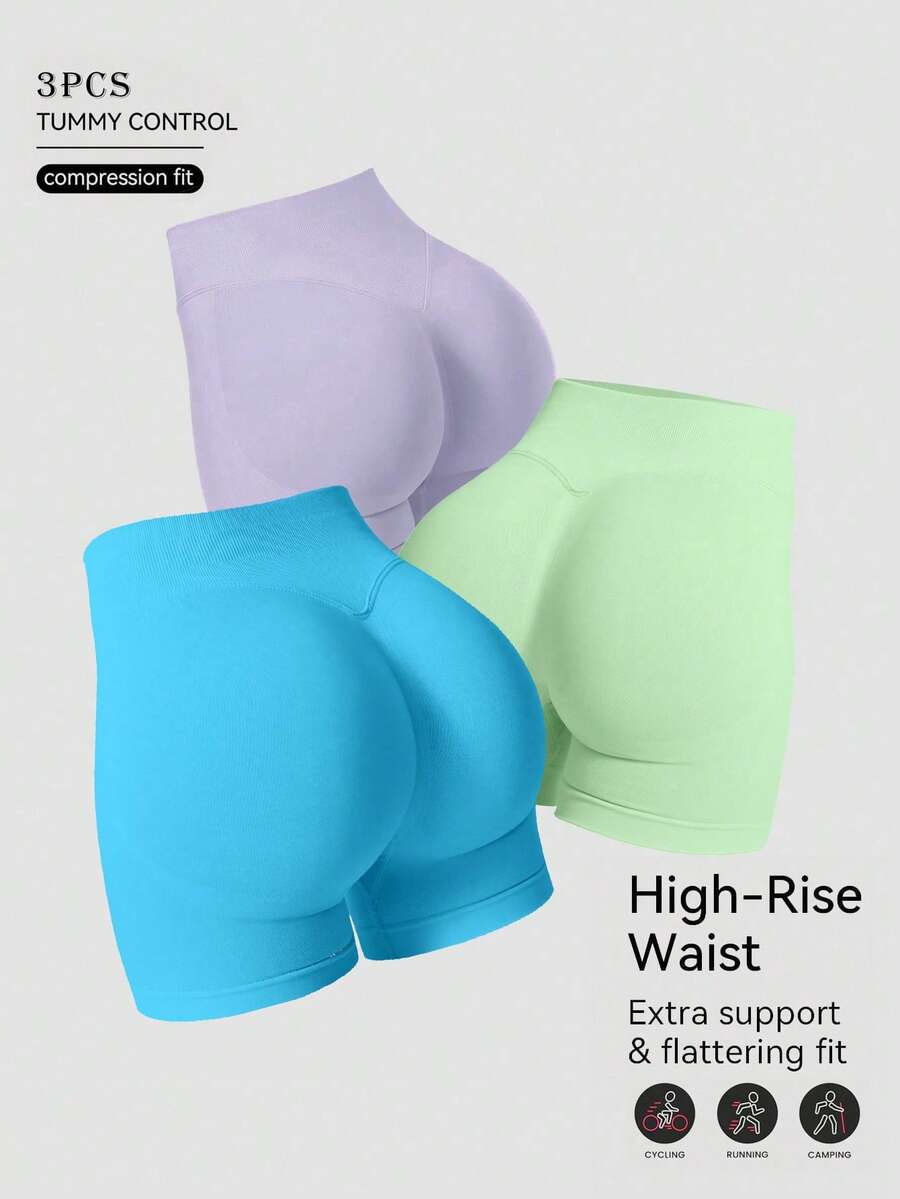 Set de 3 pantalones cortos de yoga de cintura alta para mujer, pantalones cortos sin costuras con efecto levantador de glúteos con forma de corazón, pantalones elásticos transpirables para fitness, running y ciclismo, pantalones deportivos de verano