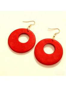 1对复古木质空心圆形吊坠耳环 - 紅色 - 查看 2