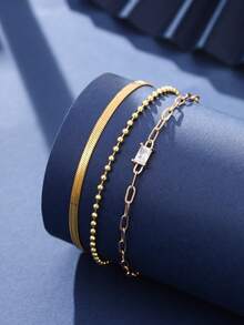 3件套男士手链套装，包括圆形珠链、格子链和圆形扁平蛇形链，纯色设计，适合日常佩戴。 - 金黃色 - 查看 2