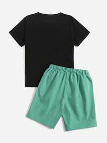 Tween Boys Round Neck Short Sleeve Casual Letter Print T-Shirt & Drawstring Waist Shorts, Summer - Green - View 2