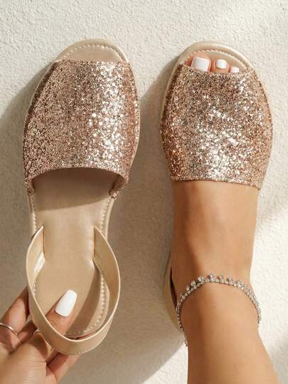 planare Women's Casual Backless Peep Toe Slip-On Sequin Beach Sandals, Flat Heel