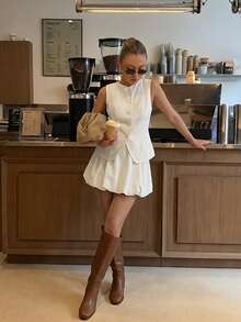 2pcs Set: Elegant Front Button Cardigan And Skirt, Women's Casual Outfit For Dating, Holidays, Festivals, Spring Outing, Valentine's Day, Birthday, Street Style - Apricot - View 2