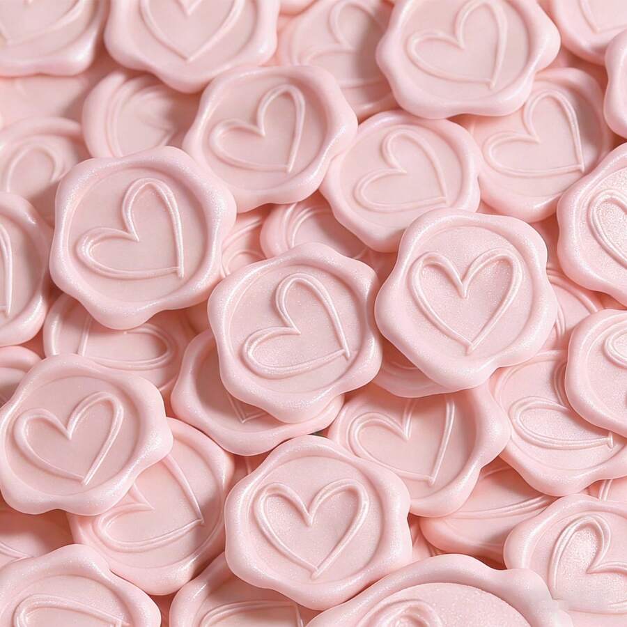 30张珍珠粉色心形自粘蜡封贴纸，适用于礼品、婚礼请柬信封、情人节/结婚礼物