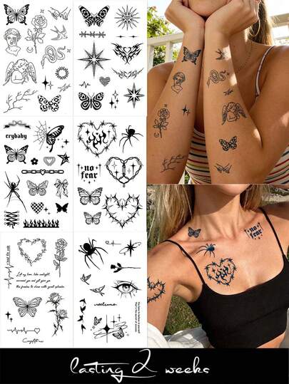 6pcs/1pc Herbal Juice Fine Line Semi-Permanent Tattoos, Romantic Dark Spider Chain Flame Angel Butterfly Floral Designs, Valentine's Day, Carnival Gifts For Shoulder, Neck, Arm, Leg, Waist, Collarbone, Waterproof Temporary Tattoo Stickers